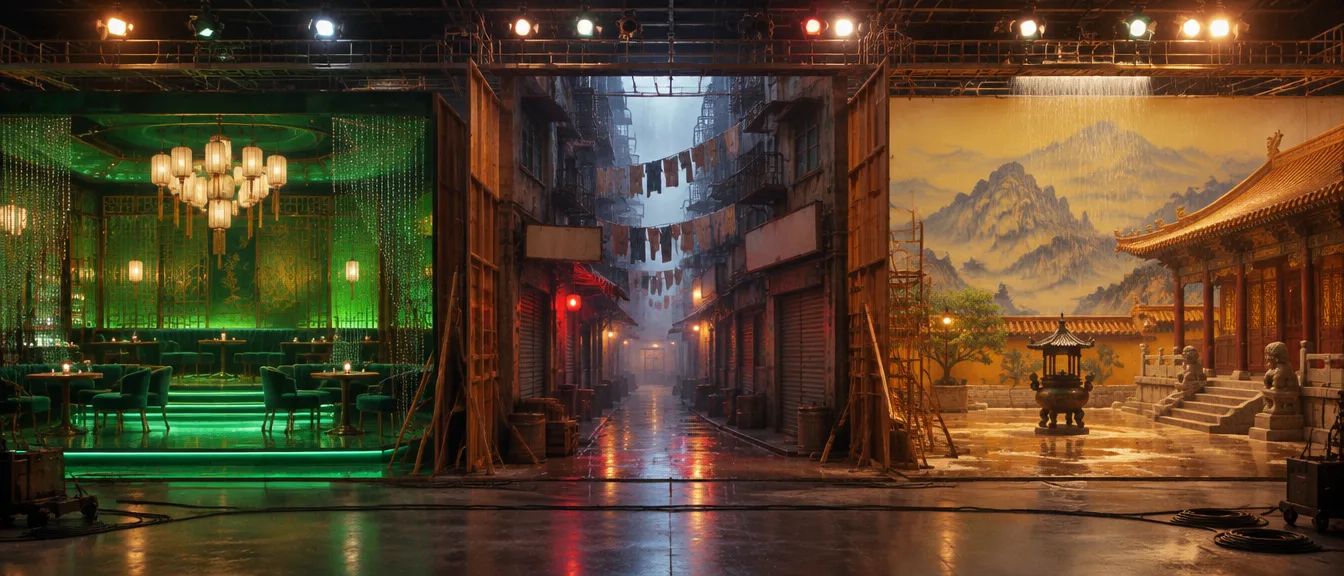 One soundstage holding three sets: a jade nightclub, a wet back alley and a temple courtyard under rain machines