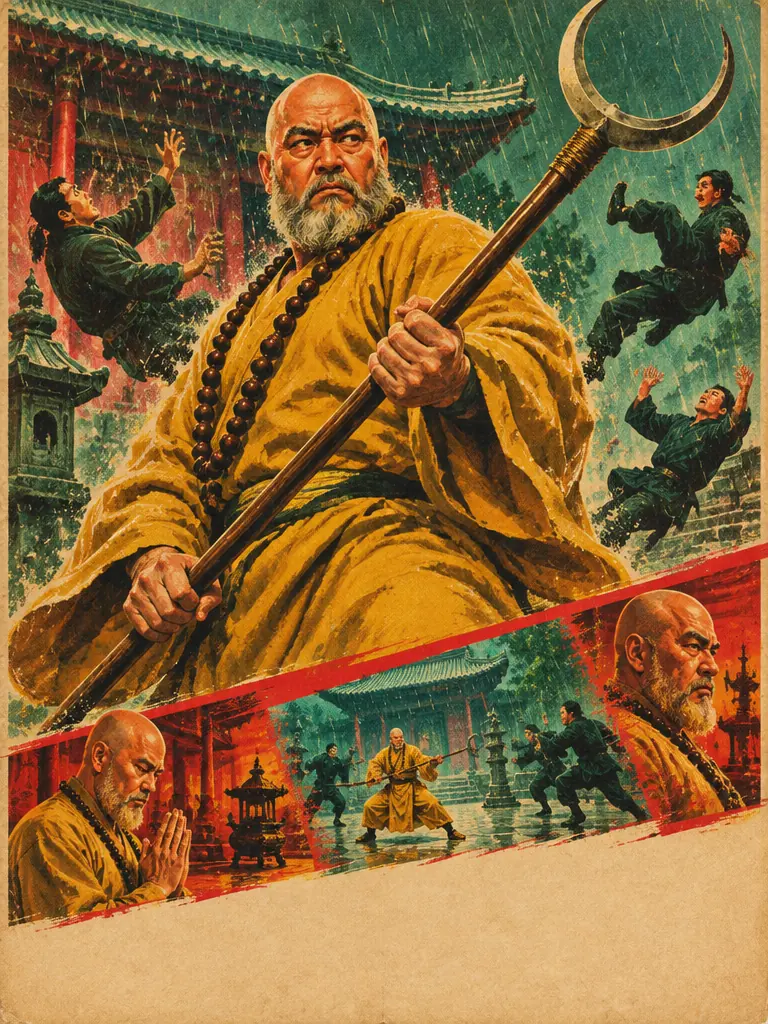 Lithograph film poster: Brother Gale with a crescent spade staff in temple rain