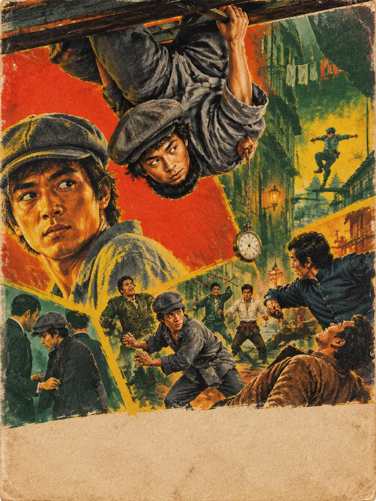 Lithograph film poster: Moth hanging upside down from a beam over an alley fight