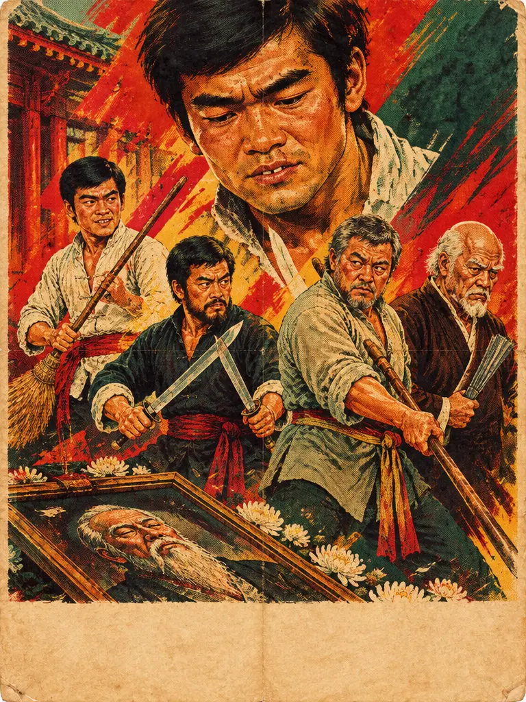 Lithograph poster: Ruan Tai at four ages, 19, 34, 52 and 74, facing his master's portrait