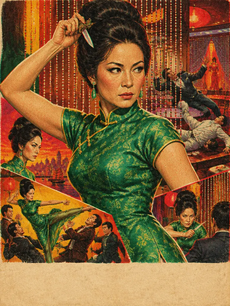 Lithograph film poster: Lady Seo drawing a knife from her bun over a nightclub brawl