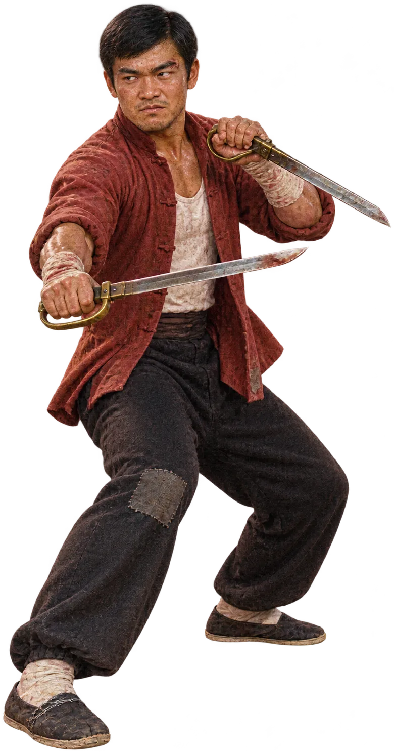 Ruan Tai at 34, bearded with a split eyebrow, faded red jacket, two butterfly swords in a low tiger stance