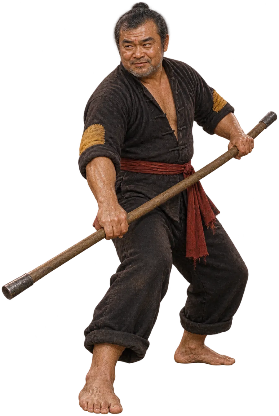 Ruan Tai at 52, heavy and greying, black tunic with mustard patches, sweeping a long iron-capped staff