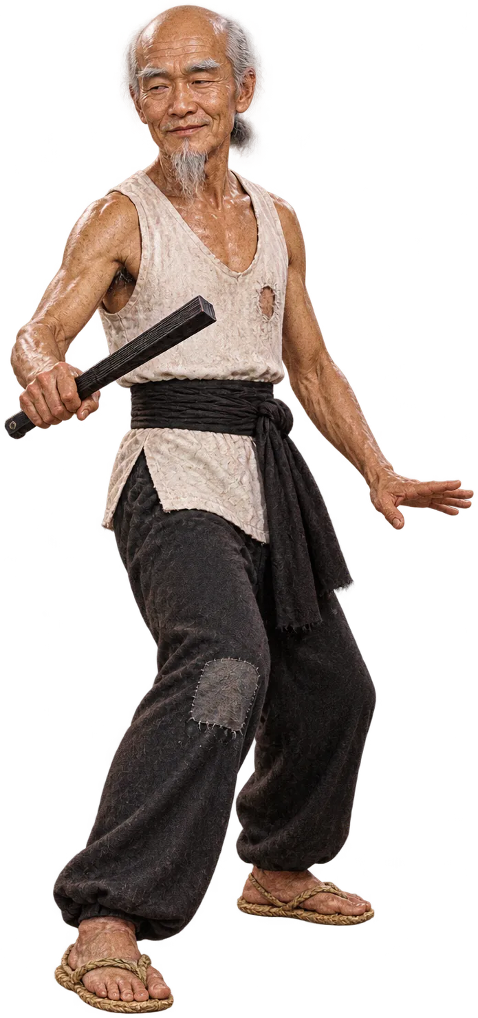 Ruan Tai at 74, white-haired and stooped, black waist cloth, a closed iron fan held like a baton