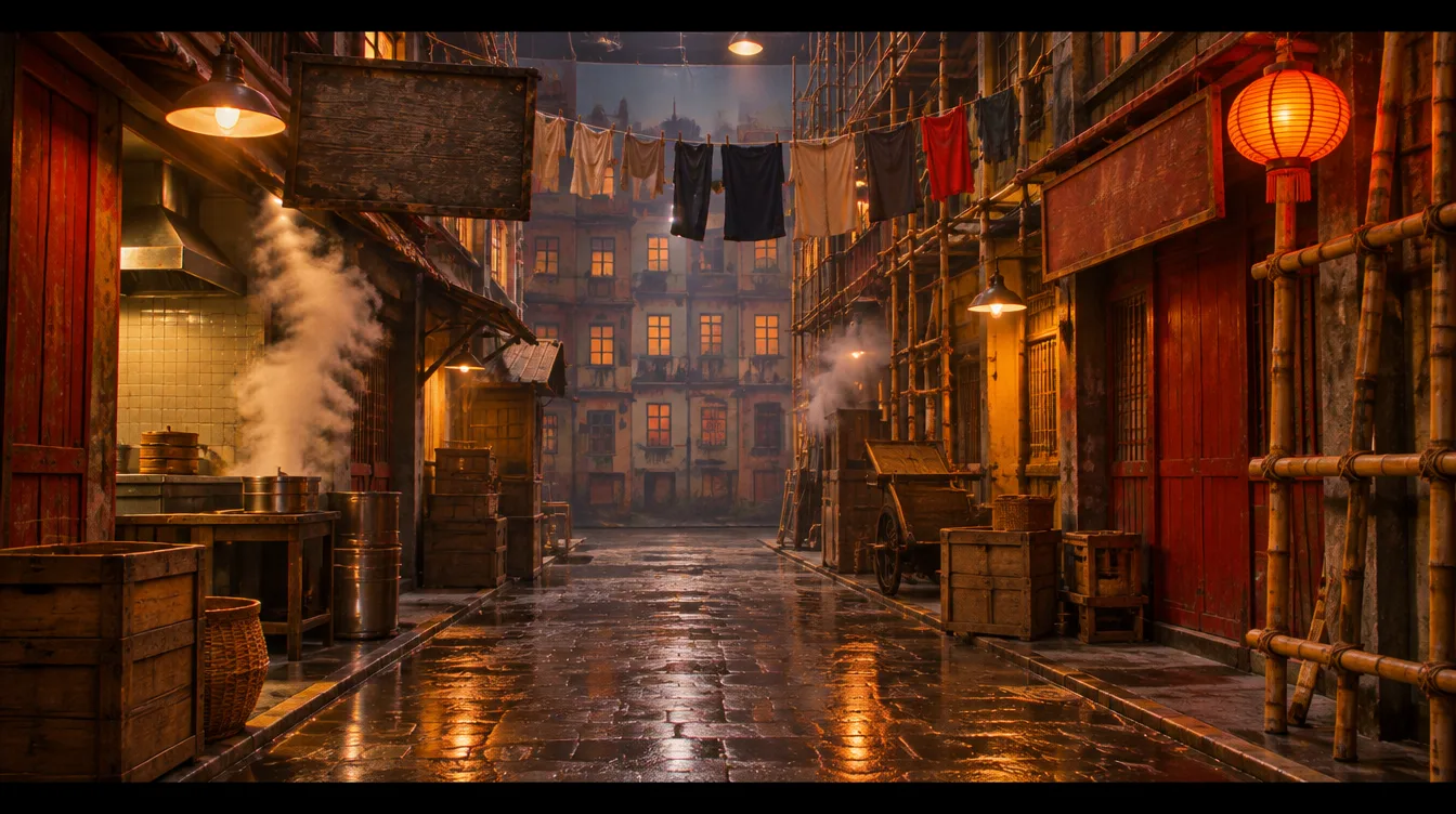 Shamshui Back Lane set: wet cobbles, laundry lines, a steaming kitchen vent