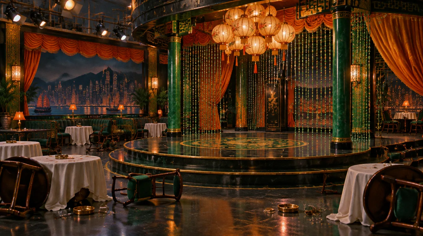 The Jade Lantern Club set: round stage, beaded curtains, overturned tables