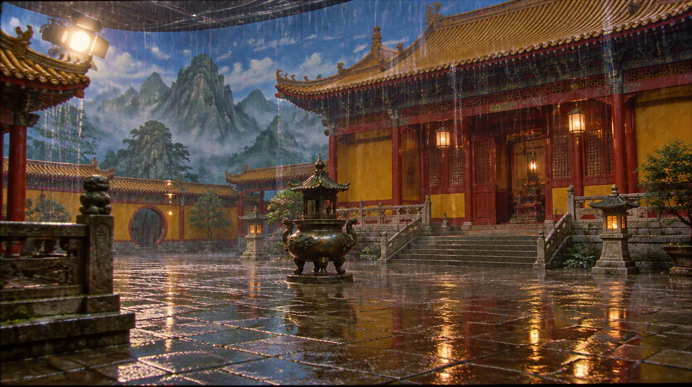 Temple of Standing Rain set: shining flagstones, bronze urn, painted mountains